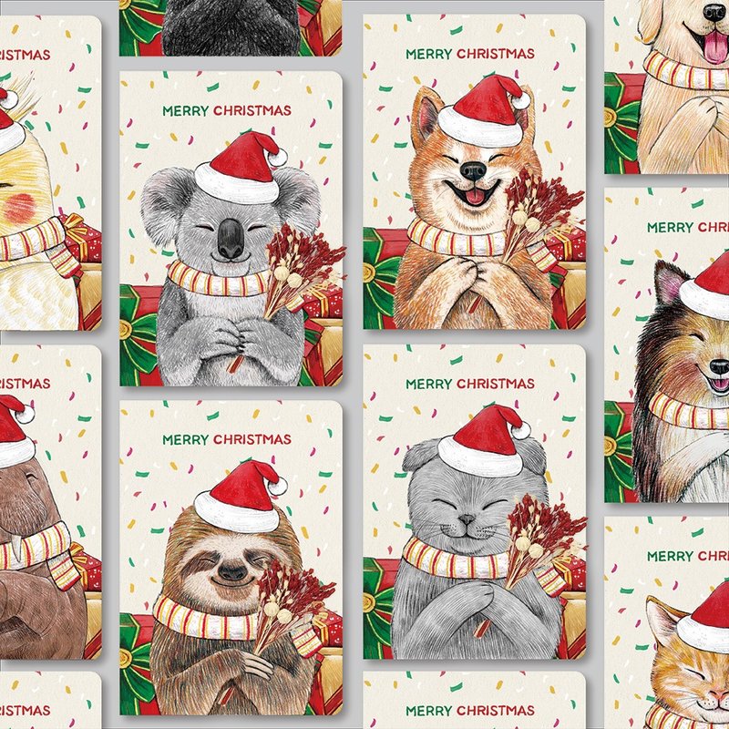 【聖誕款】動物插畫卡片_溫馨手繪/乾燥花/萬用卡 - 卡片/明信片 - 紙 紅色