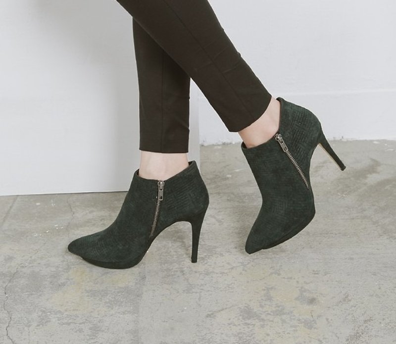 Minimalist retro leather tail with fine green maze - Women's Booties - Genuine Leather Green