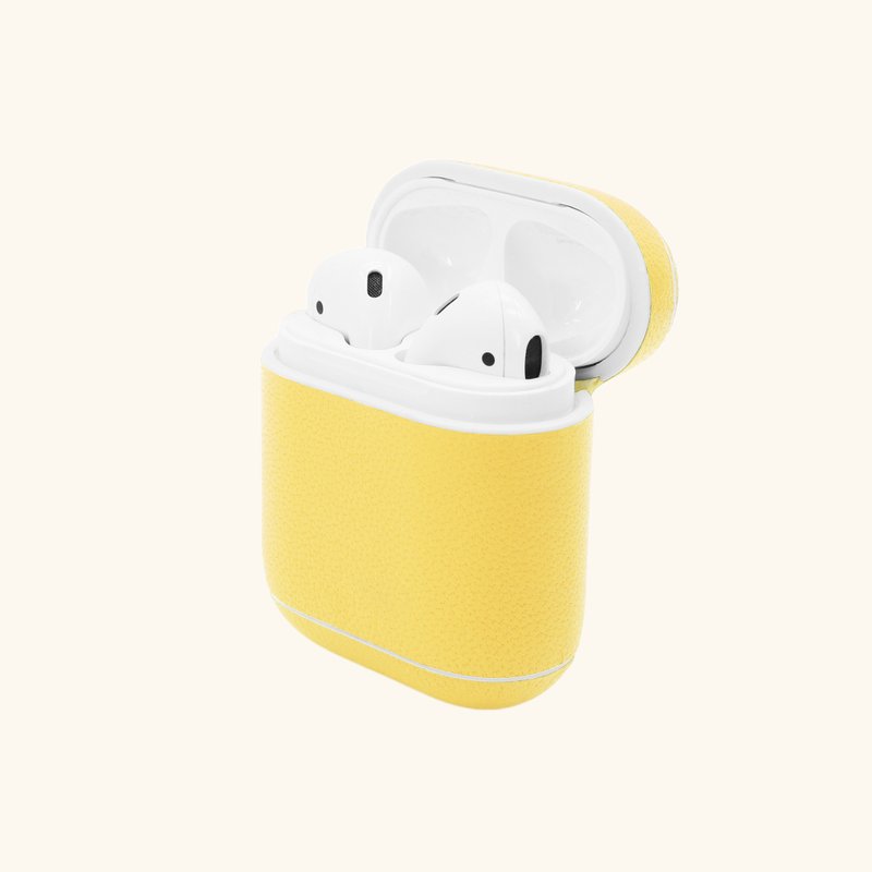 【換季特賣】真皮革檸檬黃色馬卡龍AirPods收納皮套/AirPod保護套 - 科技小物 - 真皮 黃色