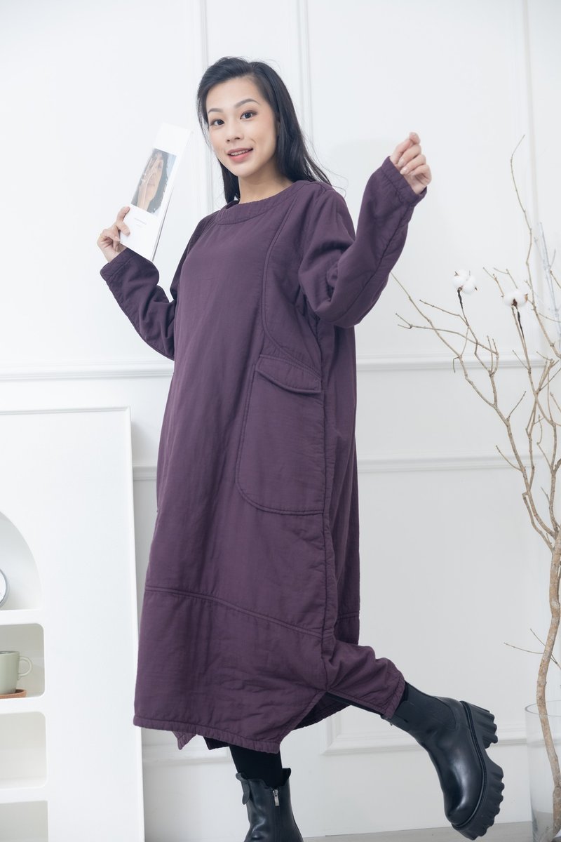 衣襬刺繡厚棉洋裝 紫色 - 洋裝/連身裙 - 其他材質 紫色