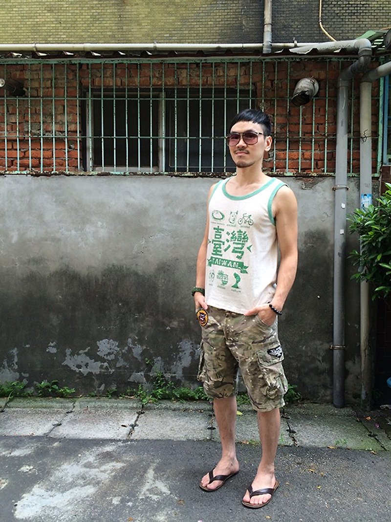 2016 vintage vest / summer ~ Taiwan Limited limited edition (light green edge roll Heather Grey paragraph) only L No. Oh !! - Men's Tank Tops & Vests - Cotton & Hemp Green