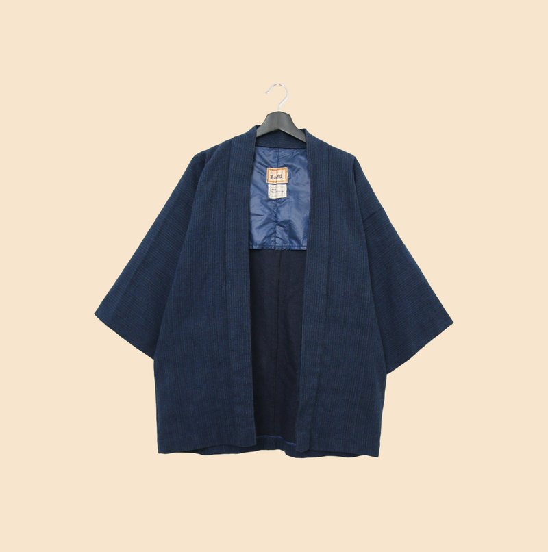 Back to Green-日本男款羽織 深藍 細條紋  /vintage kimono - 男夾克/外套 - 絲．絹 
