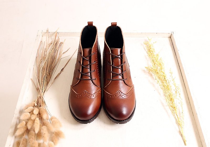 American Cow Vegetable Tanned Smoked Oxford Leather Boots Brown Offer - รองเท้าบูทสั้นผู้หญิง - หนังแท้ 