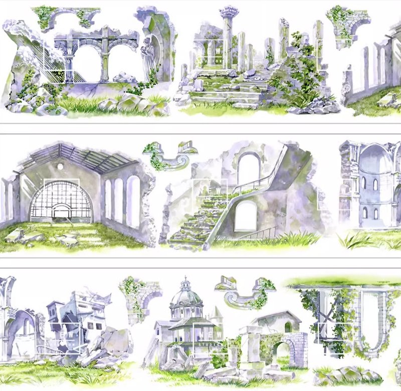 Ruins of ancient ruins, watercolor paintings, landscaping PET, washi tape, 10-meter roll made in Taiwan - มาสกิ้งเทป - วัสดุอื่นๆ สีเทา