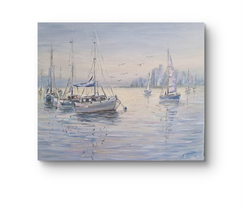 Sailboat oil painting Original Art Impasto seascape painting City Painting - 壁貼/牆壁裝飾 - 棉．麻 藍色