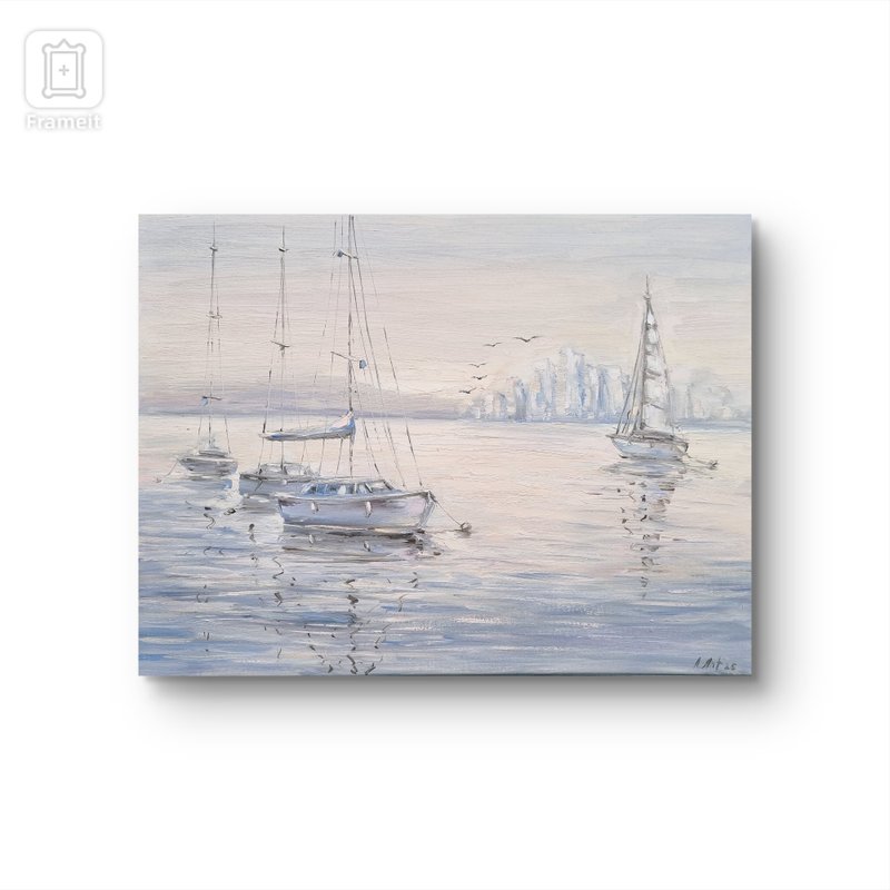Sailboat oil painting Original Art Impasto seascape painting City Painting - 壁貼/牆壁裝飾 - 棉．麻 藍色