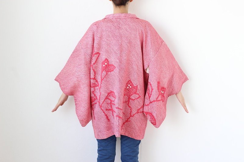 floral SHIBORI kimono, haori, short kimono, shibori, tie dye kimono, kimono/3907 - 女大衣/外套 - 絲．絹 粉紅色