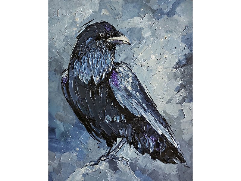 Crow Painting Bird Original Art Raven Artwork Small Oil Painting Crow Wall Art - 掛牆畫/海報 - 其他材質 灰色