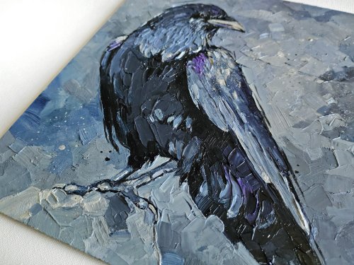 カラスの鳥オリジナルアートカラスのアートワーク小さな油絵