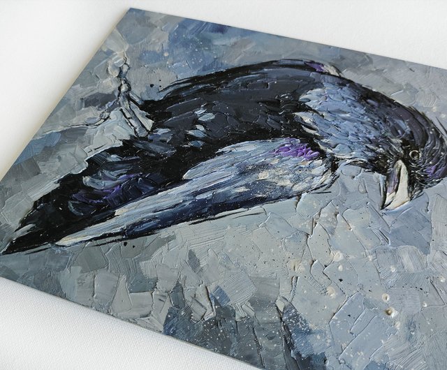 カラスの鳥オリジナルアートカラスのアートワーク小さな油絵