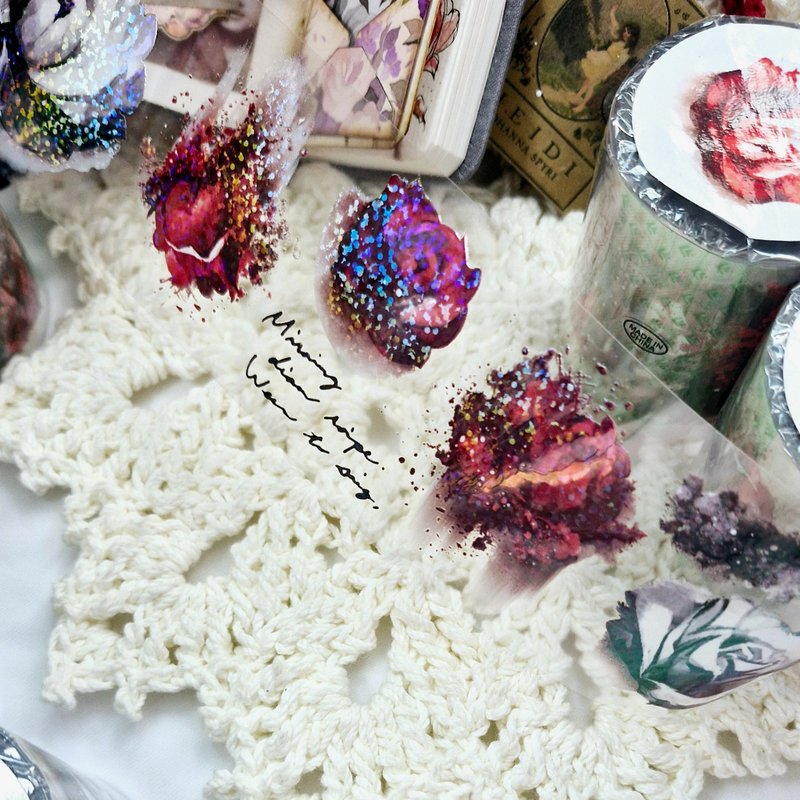 Twinkling rose / 6cm glossy PET tape - 紙膠帶/和紙/PET - 塑膠 白色