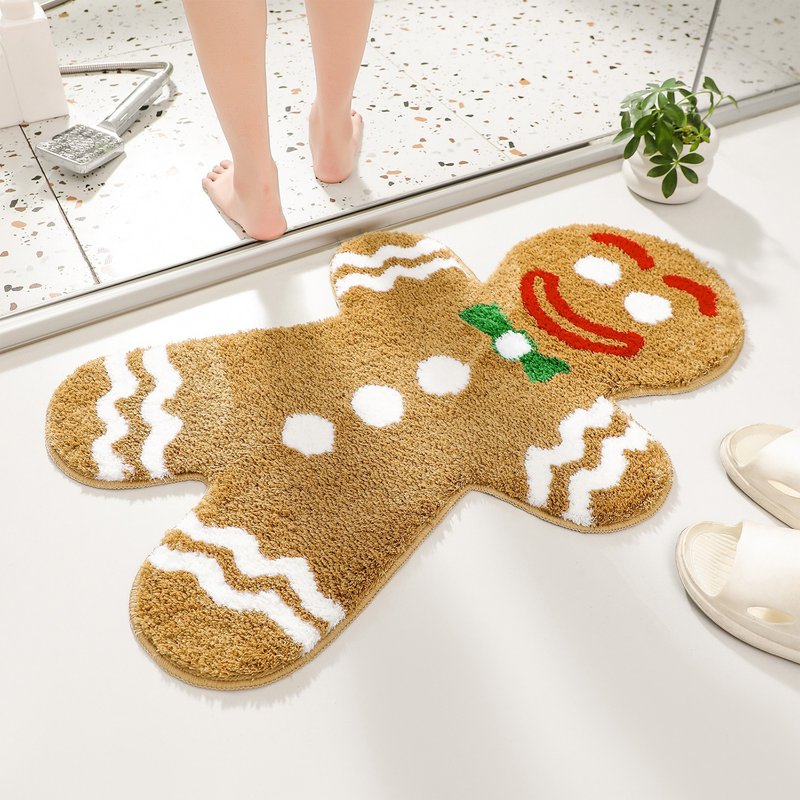 Christmas Gingerbread Man Plush Bathroom Mat Foot Pad Christmas Holiday Home Dec - พรมปูพื้น - เส้นใยสังเคราะห์ สีนำ้ตาล