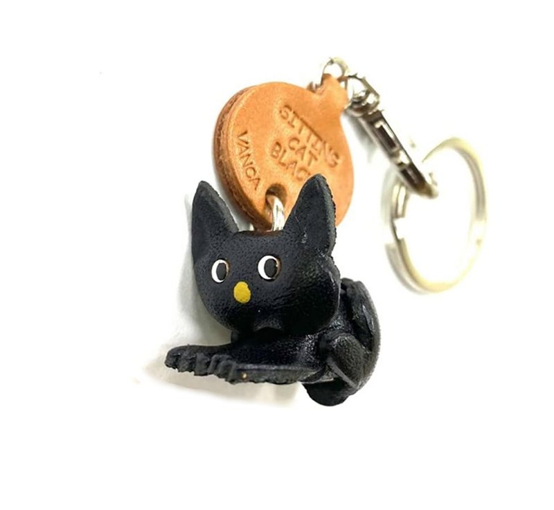 黒ねこちゃん おすわり 本革キーホルダ 日本製 バンカクラフト - 鑰匙圈/鑰匙包 - 真皮 黑色