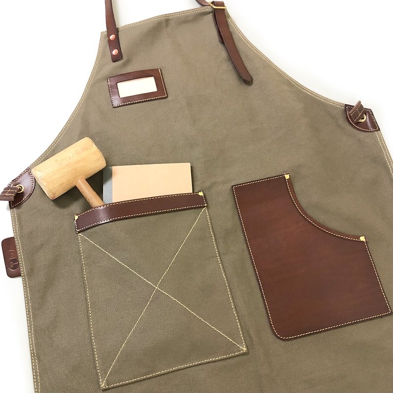 Hand Vegetable Tanned Leather - Work Canvas Leather Apron - Aprons - Genuine Leather Khaki