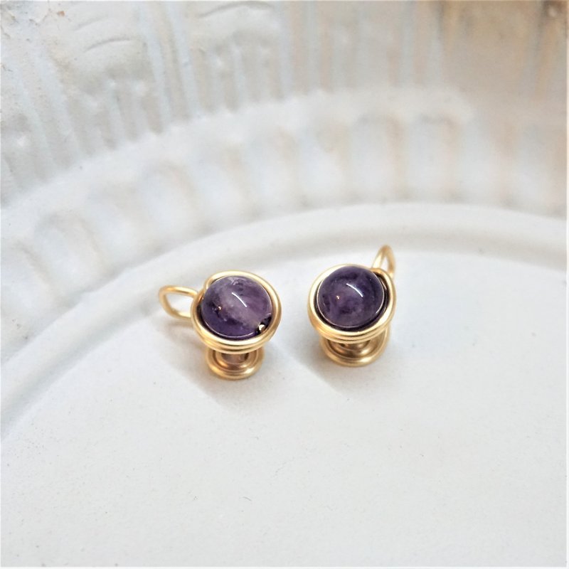 << 金線框耳夾 - 紫水晶 >> 6mm紫水晶 ( 另有耳針款 ) - 耳環/耳夾 - 半寶石 紫色