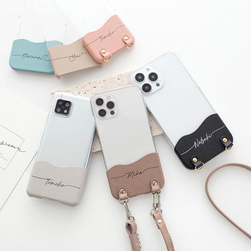 全機種対応 スマホケース ちょいまる 【 本革 シュリンクレザー 名入れ 】 スマホショルダー クリア くすみカラー BR01U - 手機殼/手機套 - 真皮 咖啡色