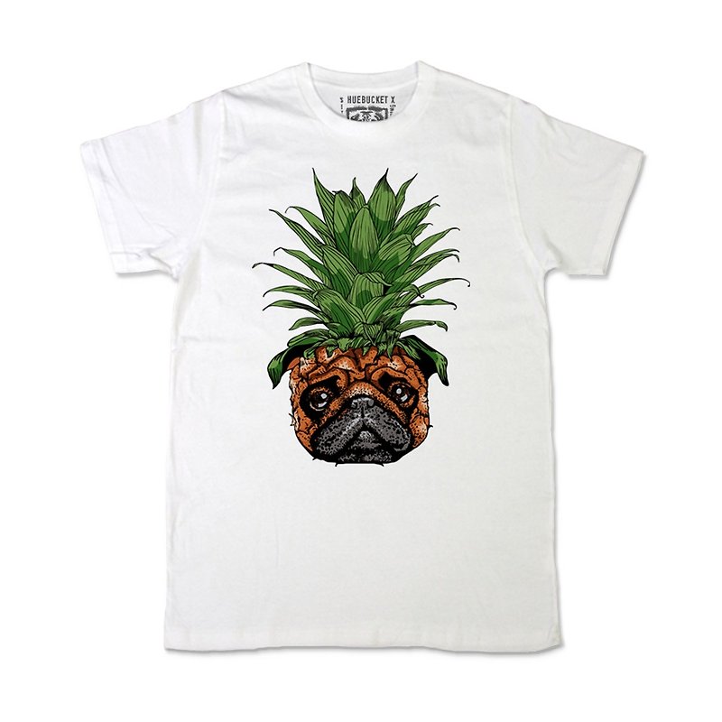 PUG Life • Pineapple PUG • Unisex T-shirt - เสื้อยืดผู้ชาย - ผ้าฝ้าย/ผ้าลินิน ขาว