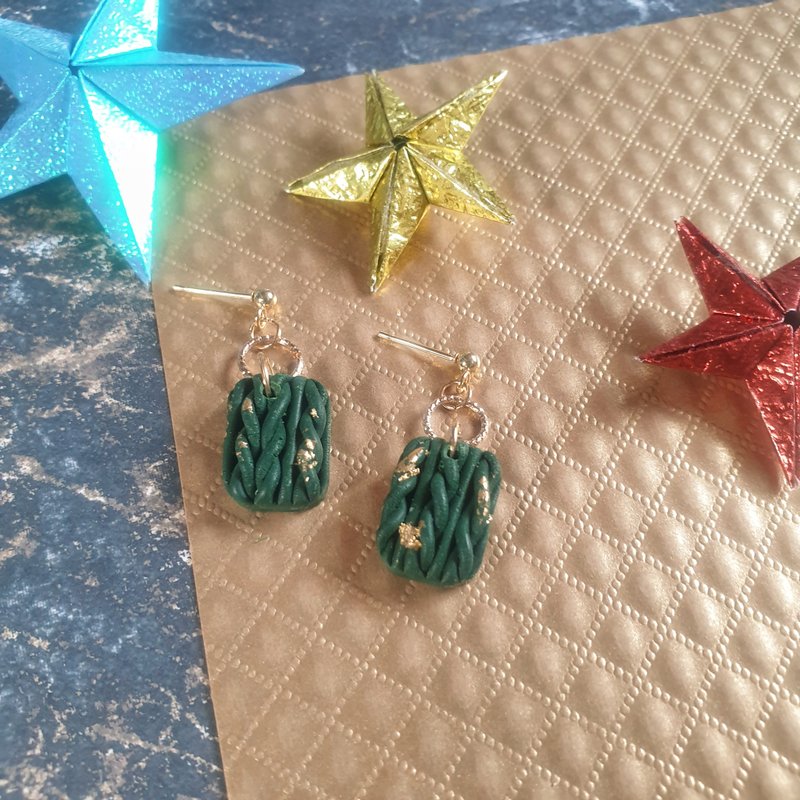 X'mas Go | Rectangular Braided Style (Green) | Earrings/Earrings - ต่างหู - ดินเผา 