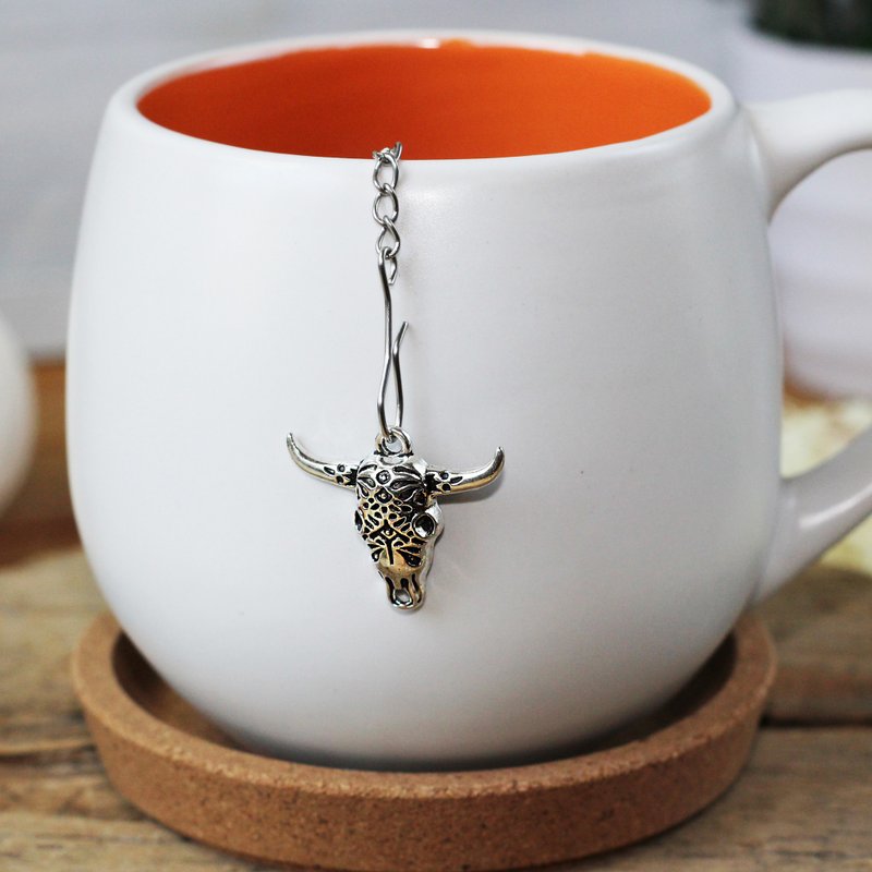 Cow skull tea infuser for loose leaf tea, Tea Maker with bull skull charm - 茶具/茶杯 - 不鏽鋼 銀色