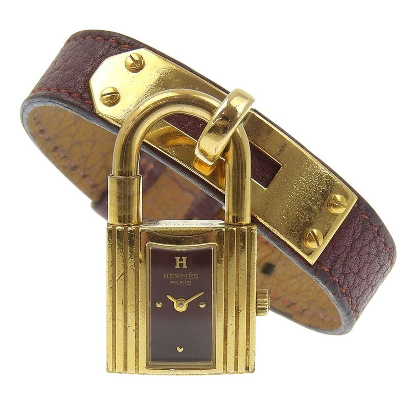 【日本直送】エルメス HERMES ケリーウォッチ 腕時計 金メッキ×レザー クオーツ アナログ表示 ワインレッド文字盤 レディース【中古】 - 女錶 - 其他金屬 金色