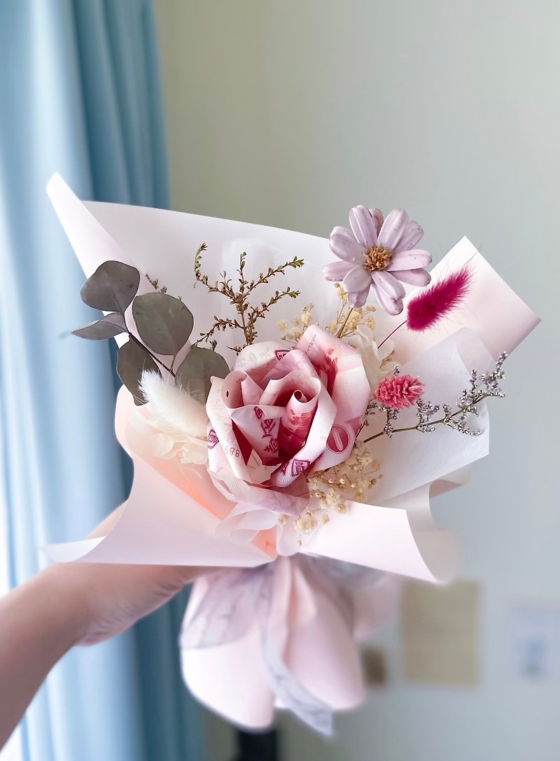 Single flower bouquet with money and banknotes (remit money separately with real banknotes) Birthday gifts with money and real banknotes - ช่อดอกไม้แห้ง - พืช/ดอกไม้ สึชมพู