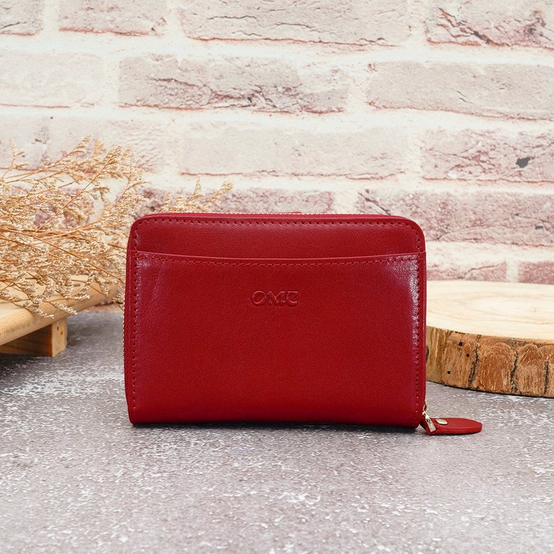 Italian vegetable tanned leather 17 card 1 tongue buckle coin bag cowhide middle clip 95133 (red) - กระเป๋าสตางค์ - หนังแท้ สีแดง