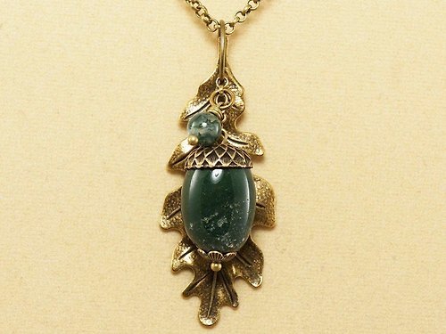 AGATIX Green Jasper Acorn Moss Agate Brass Oak Leaf Pendant Necklace Woman Jewelry Gift