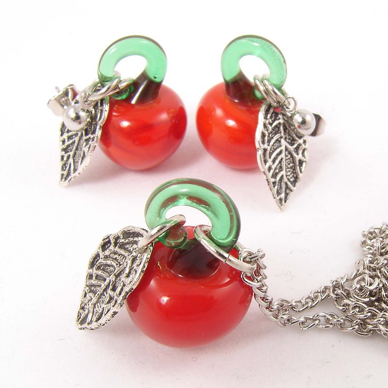 Red Apple Lampwork Murano Glass Dangle Earrings and Pendant Necklace Jewelry Set - ต่างหู - แก้ว สีแดง