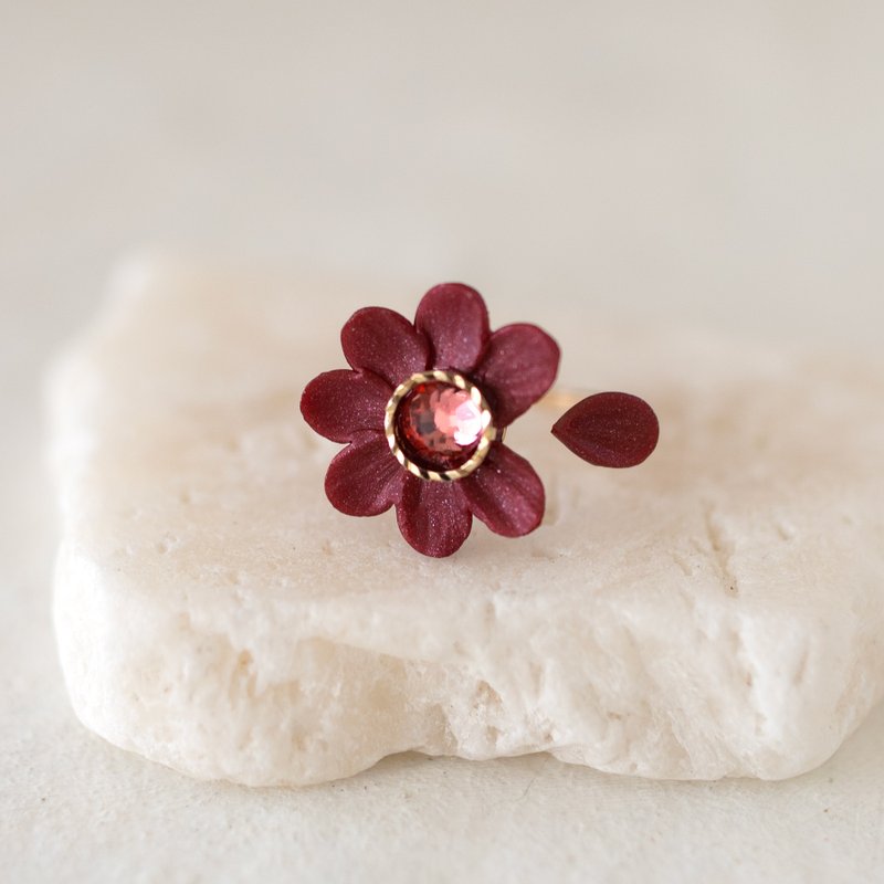 【14KGF】開口戒 / 包金軟陶 花算命  / 熱紅酒 雛菊 - 戒指 - 黏土 紅色