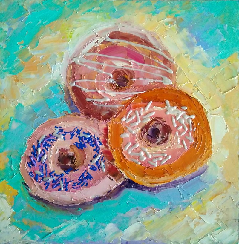 Donut Original Oil Painting Dessert Wall Art Food Kitchen Decor 手工油畫 油畫原作 - 海報/掛畫/掛布 - 其他材質 多色