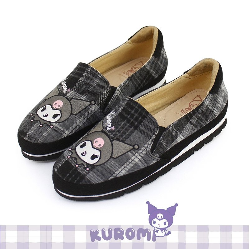 Kuromi cool face series plaid non-bending flat casual shoes loafers lazy shoes-black - รองเท้าลำลองผู้หญิง - ผ้าฝ้าย/ผ้าลินิน สีดำ