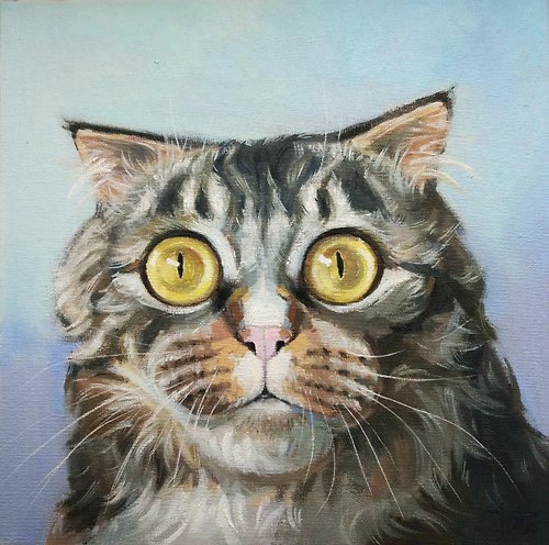 Diven.art Original oil painting on canvas Portrait of a gray cat with big eyes Animalistic