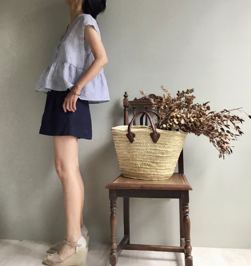 山谷清風/V領全開扣荷葉下擺直條紋亞麻上衣/小外套罩衫100%亞麻 - 背心/無袖上衣 - 棉．麻 