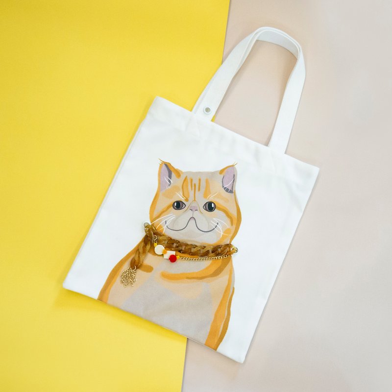 貓咪雙面插畫帆布包白色-圍巾加菲貓 (包鍊項鍊兩用)