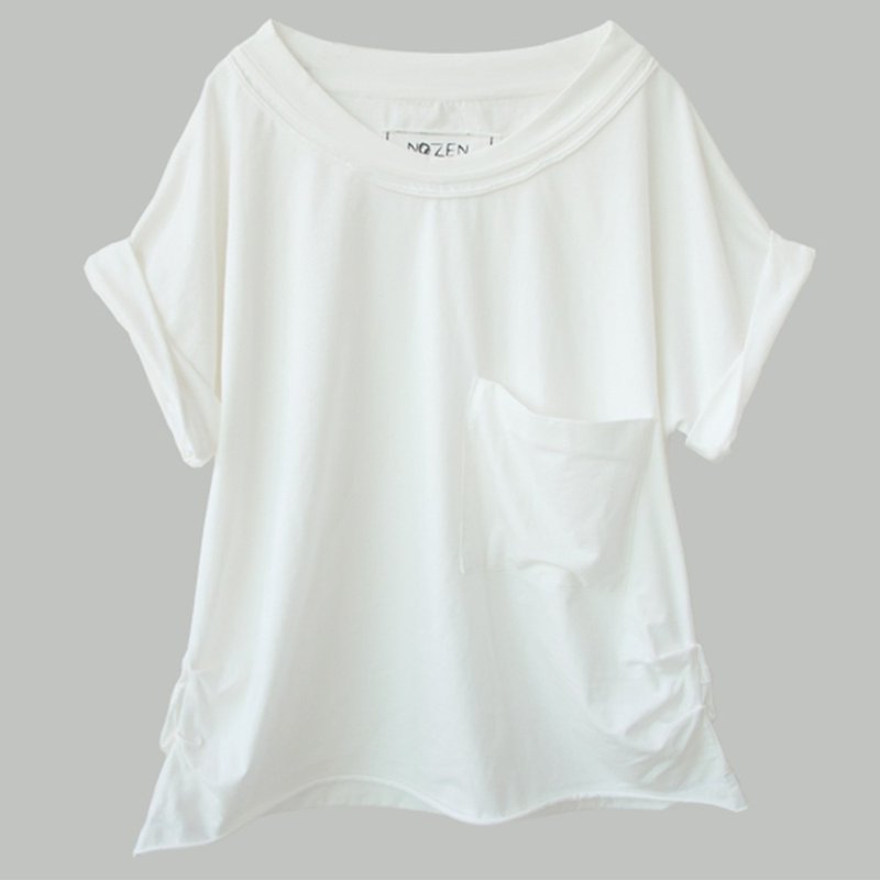 White Tab Pocket Natural T-shirt - เสื้อยืดผู้หญิง - ผ้าฝ้าย/ผ้าลินิน ขาว
