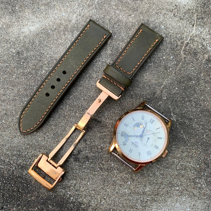 Handmade leather watch strap watch band pueblo buttero cordovan Italian leather - สายนาฬิกา - หนังแท้ สีเขียว