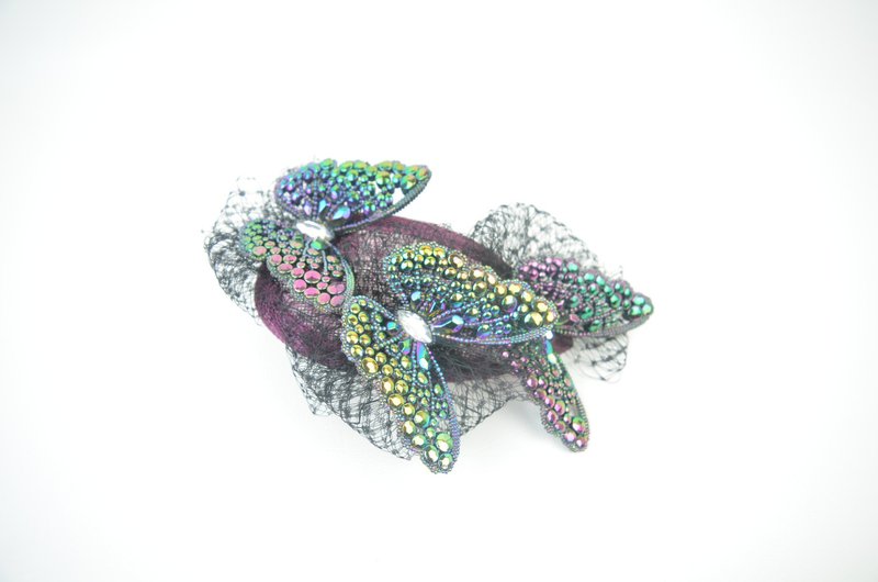 Fascinator Headpiece Crystal Jewelled Butterflies Cascading with Black Veil - 髮夾/髮圈 - 其他材質 紫色