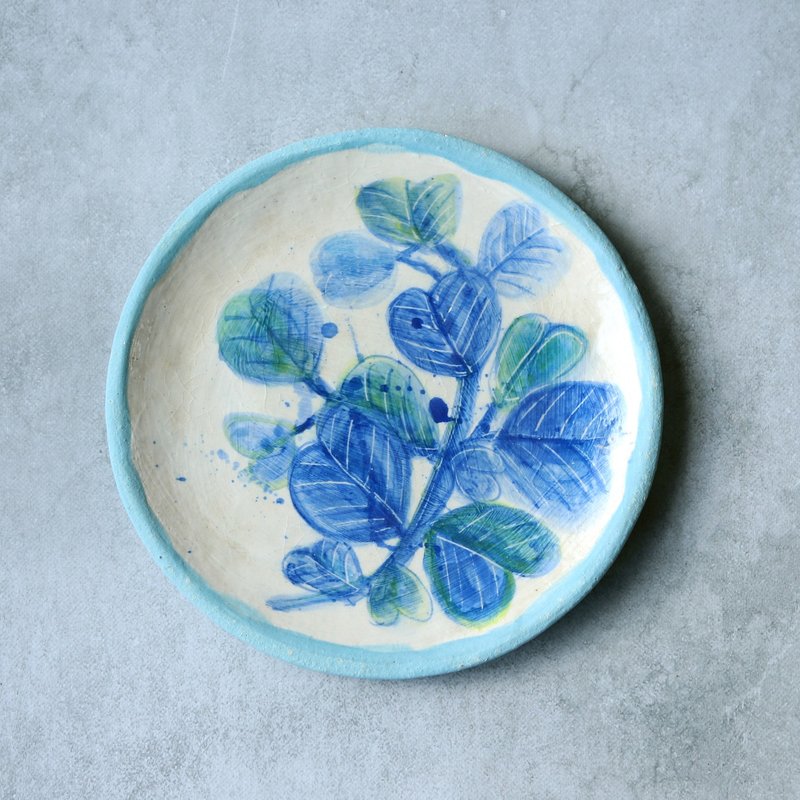 Blue Leaf Spring Hand-Painted Plate - 碟/盤子/餐盤 - 陶 藍色