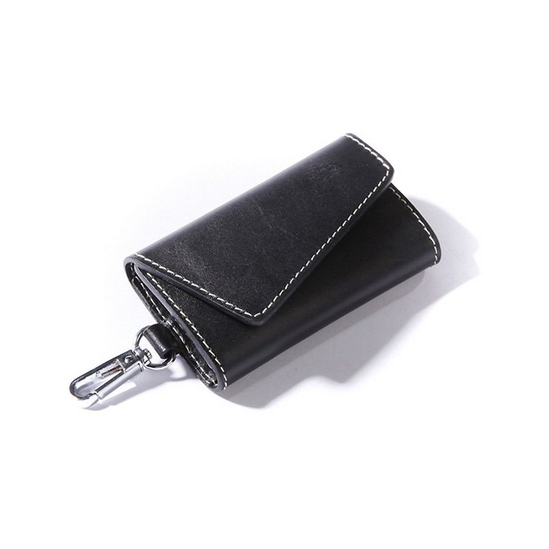 Oblique Back Two Card Leather Key Case-Black - Keychains - Genuine Leather 