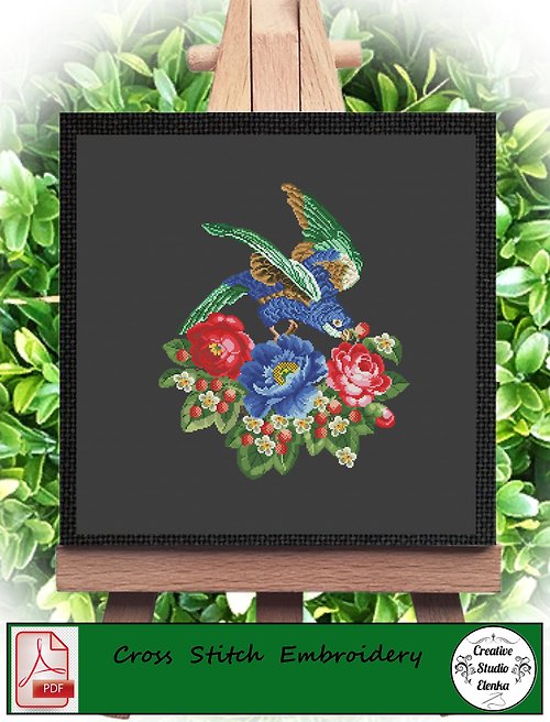 CreativeStudioElenka Vintage Cross Stitch Scheme Parrot and berries - PDF Embroidery Scheme