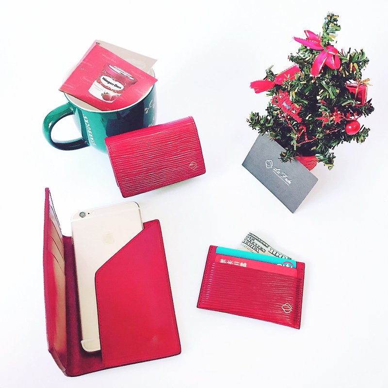 聖誕組合禮物包 (限現貨非客製化商品) 護照夾+卡夾+名片夾 - 長短皮夾/錢包 - 真皮 紅色
