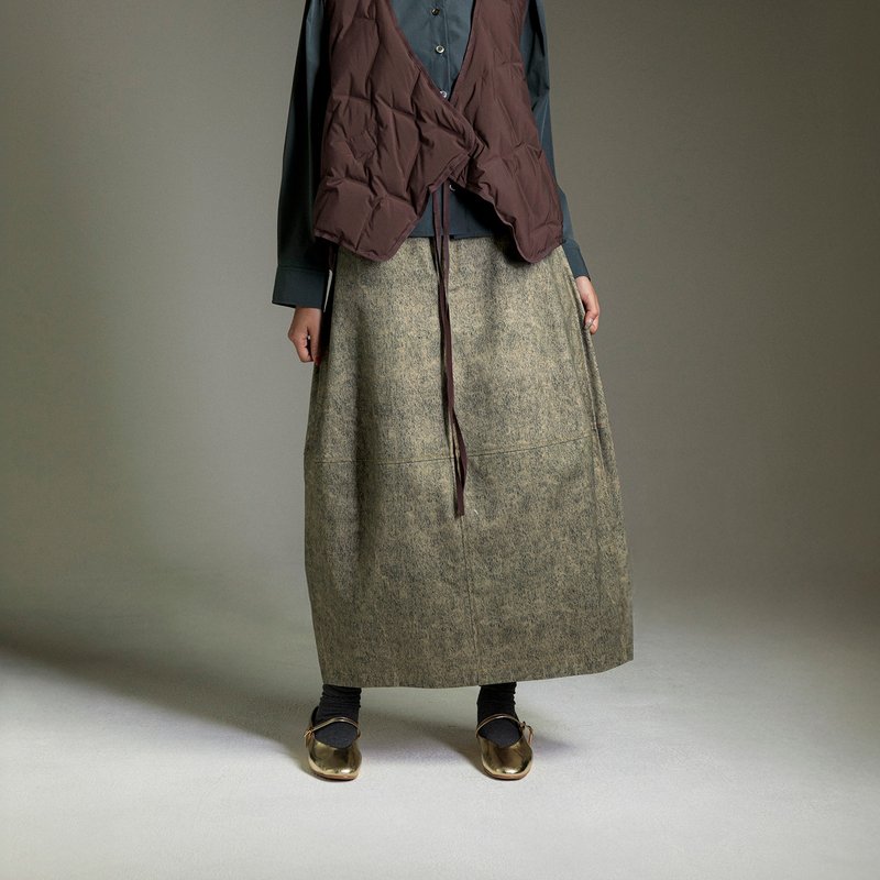 墨韻暈染橫向剪接微繭裙 - 裙子/長裙 - 棉．麻 咖啡色