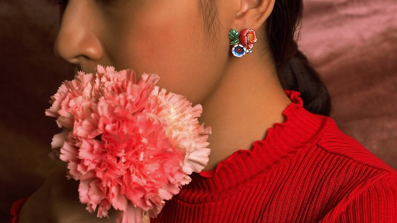 其他金屬 耳環/耳夾 紅色 - Orient Romance Love Flower Stud Earrings asymmetrical earrings
