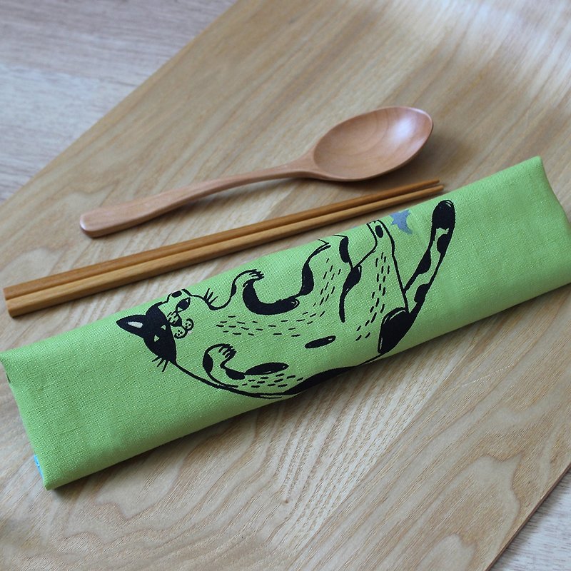 All-in-one cutlery set GoodafternoonworkXPearlCatCat hand-printed cow cat - Other - Cotton & Hemp Green