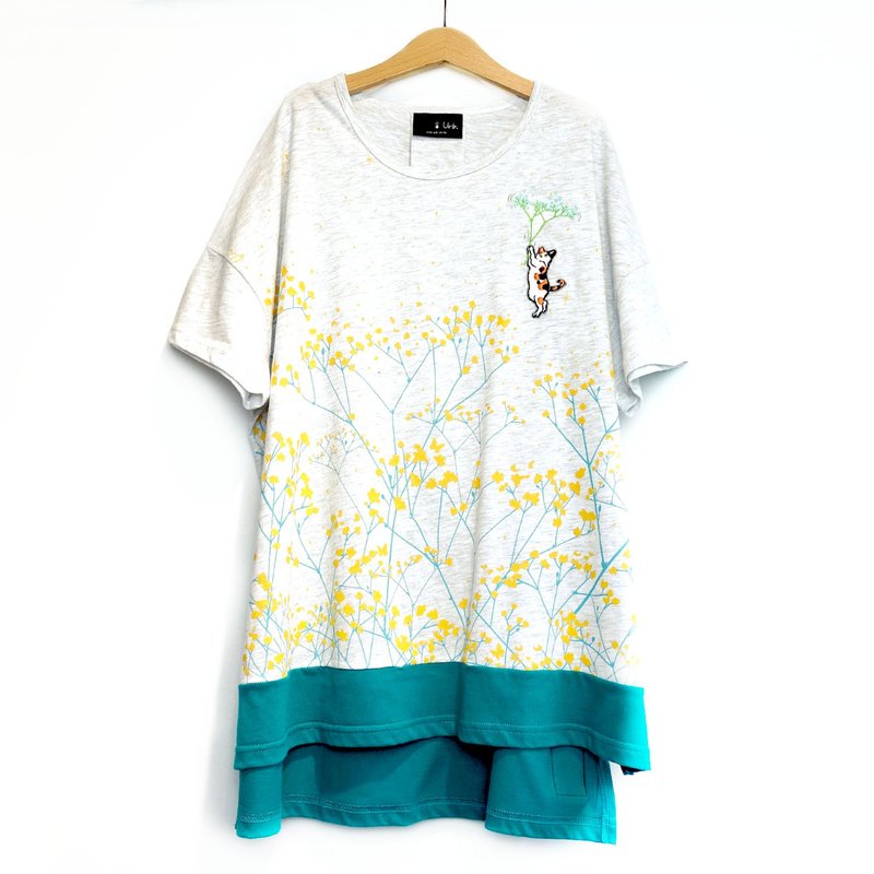 [Gypsophila] Top with short front and long back (Linen gray + bright green) - Women's Tops - Cotton & Hemp Yellow