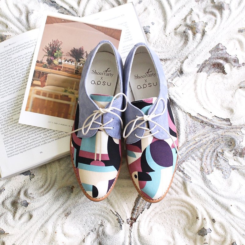 Rainbow Bird and Secret Derby Shoes / Women's Shoes / Handmade / Japanese Fabric / Leather / M2-18905F - รองเท้าอ็อกฟอร์ดผู้หญิง - ผ้าฝ้าย/ผ้าลินิน หลากหลายสี