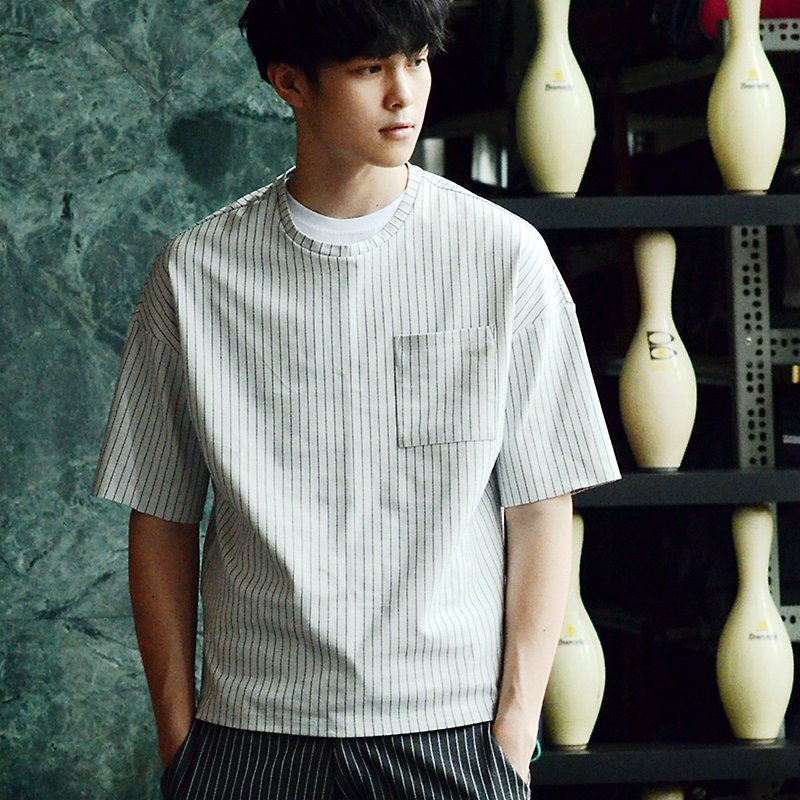 Four-sided straight striped loose T-shirt - Men's T-Shirts & Tops - Other Man-Made Fibers White