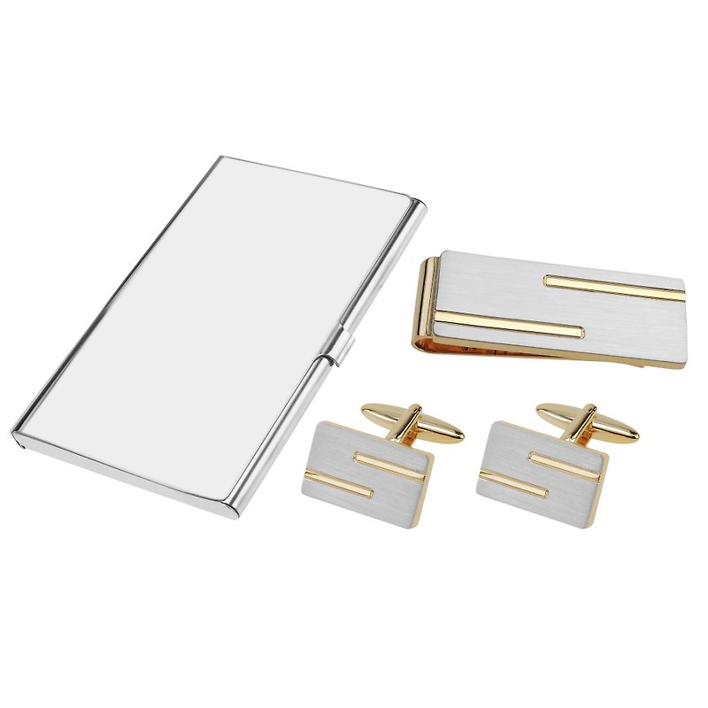 Brushed Silver with Gold Lines Cufflinks Money Clip and Card Holder Set - กระดุมข้อมือ - โลหะ สีทอง