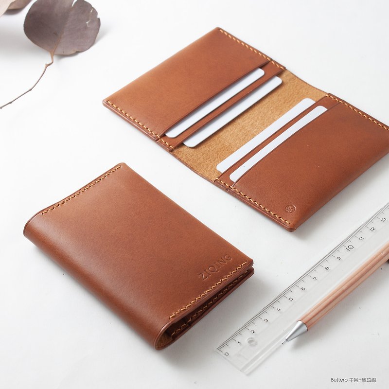 SEANCHY fully handmade vegetable-tanned genuine leather business card holder, document holder, card holder, small wallet, four card slots can be customized - ที่เก็บนามบัตร - หนังแท้ สีนำ้ตาล