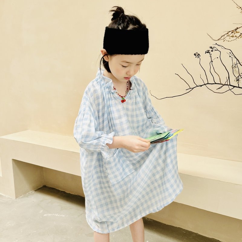 Aqua plaid sun protection long-sleeved blouse/children's clothing - กระโปรง - ผ้าฝ้าย/ผ้าลินิน สีน้ำเงิน